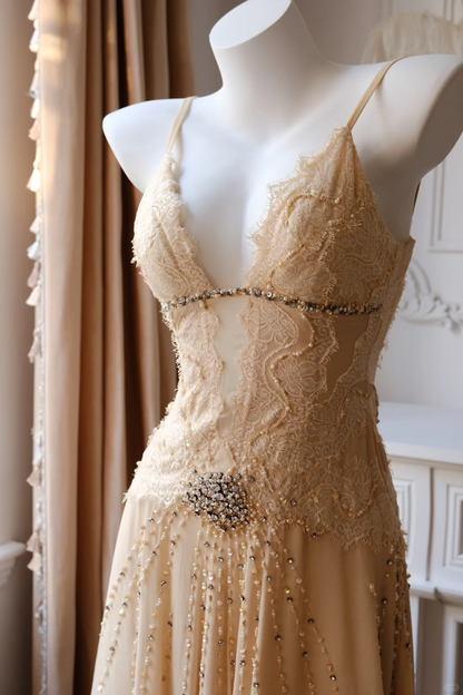 Vintage Apricot A Line Beaded Lace Chiffon Short Prom Dress Homecoming Dress DP5437