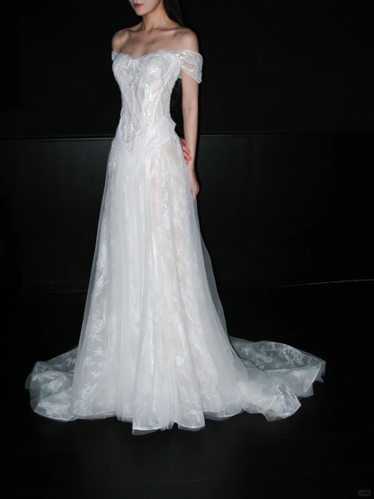 Dreamy A Line Off the Shoulder White Beaded Lace Tulle Long Train Wedding Dress DP8101