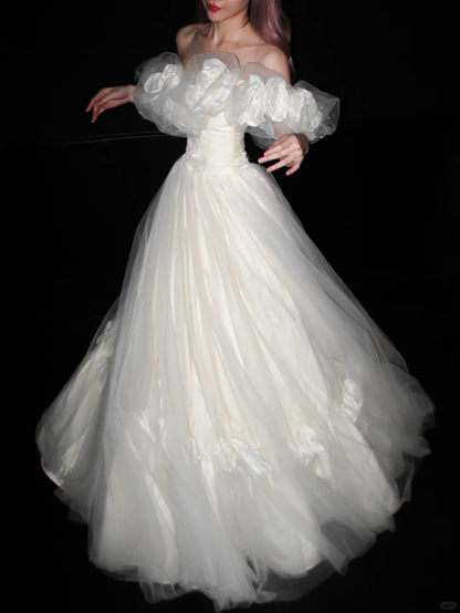 Elegant Princess A Line Off the Shoulder Floral Tulle Wedding Dress DP5174