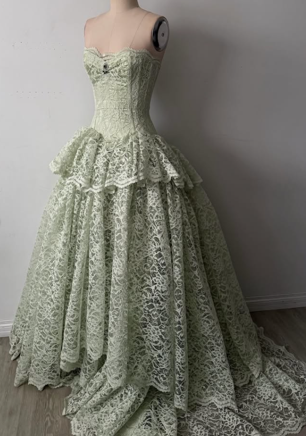 Vintage Light Green A Line Sweetheart Neck Lace Long Prom Dress Evening Dress DP7887