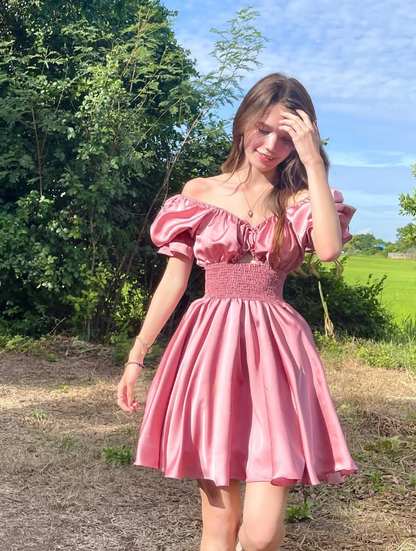 Pink A Line Off the Shoulder Satin Short Homecoming Dress Outfits DP1486