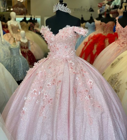 Pink Princess Off Shoulder Long Formal Prom Dress Flowers Appliques Quinceanera Dress Ball Gown DP698