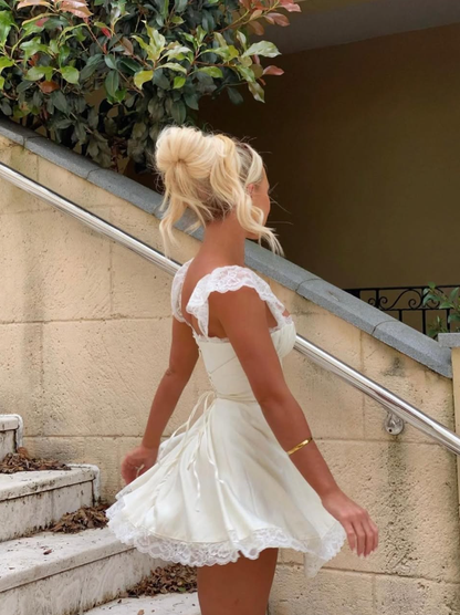 Cute A Line Straps Ivory Lace Satin Short Homecoming Dress Outfits DP1433