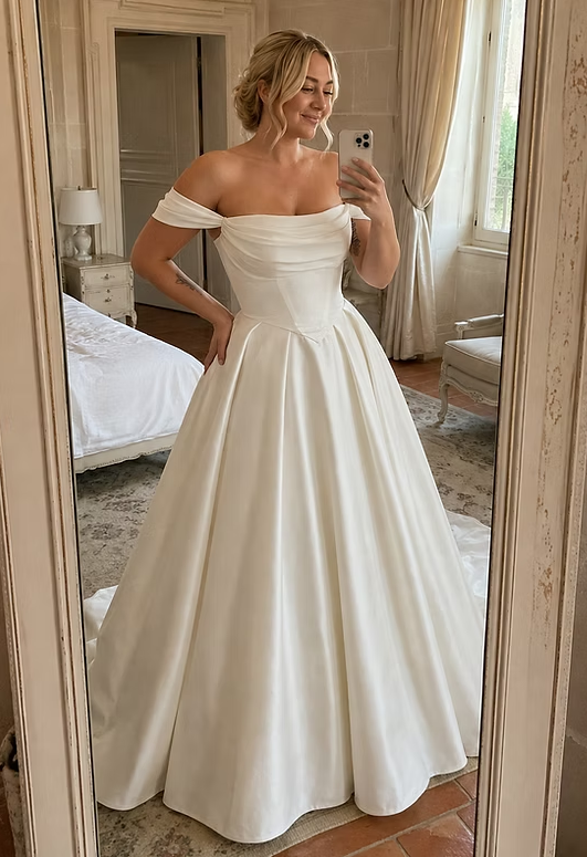 Simple A Line Off the Shoulder White Satin Long Wedding Dress DP7991