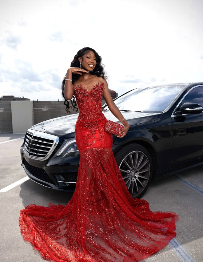 Stunning Red Mermaid Strapless Luxurious Beaded Sequin Tulle Long Prom Dress DP5057