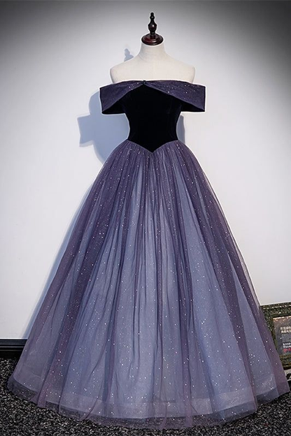 Sparkly Purple Tulle Off the Shoulder Prom Dress Long Evening Party Dress DP643