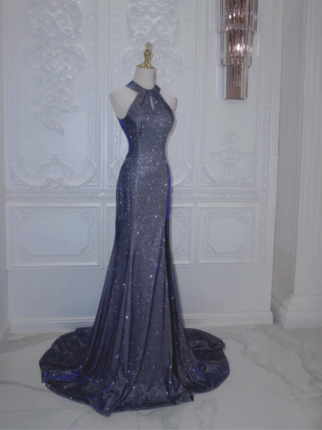 Navy Blue Mermaid Halter Sequin Long Prom Dresses Formal Evening Dress DP177