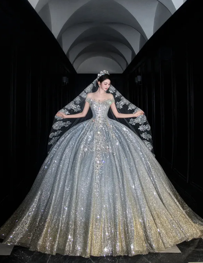 Shiny Ball Gown Off the Shoulder Beaded Silver Sequin Long Prom Dress Wedding Dress DP4644