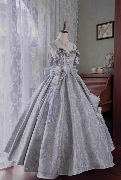Blue Ball Gown Off the Shoulder Gentle Rose Bow Satin Lolita Goth Boning Dress Prom Dress DP4509