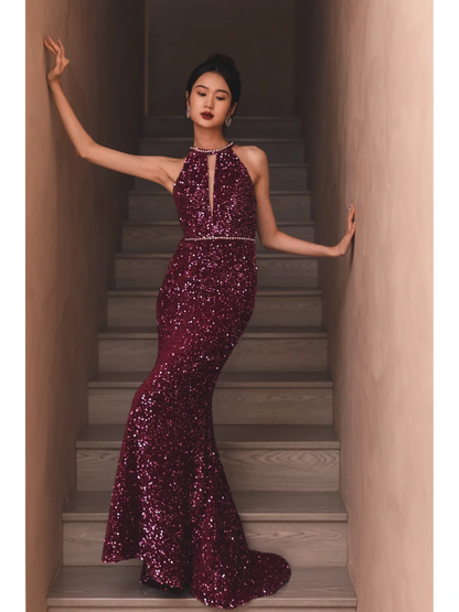 Sexy Purple Mermaid Halter Sequin Open Back Long Prom Dress Formal Dress DP3335