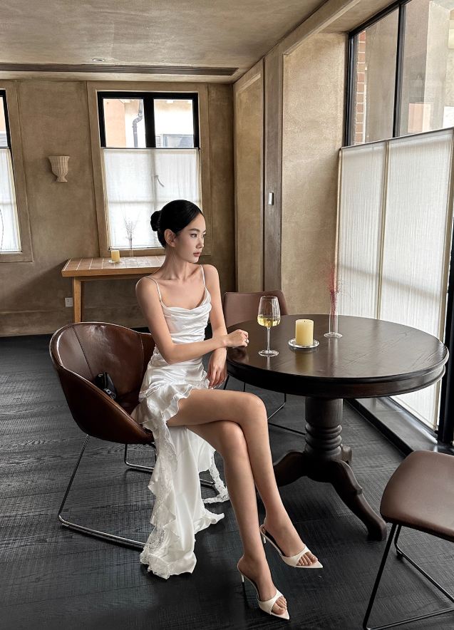 Simple White A Line Spaghetti Strap Lace Ruffle Satin Prom Dress 16th Birthday Dress DP3459