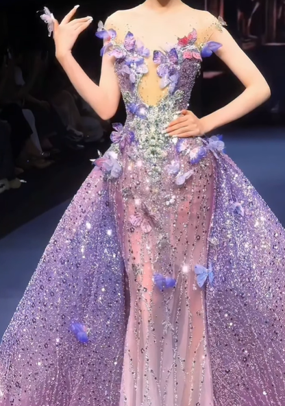 Dreamy Purple Mermaid Strapless Exquisite Rhinestone Floral Tulle Prom Dress DP4634