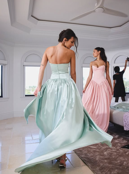 Princess A Line Strapless Green Bow Satin Prom Dress Evening Dress DP4406