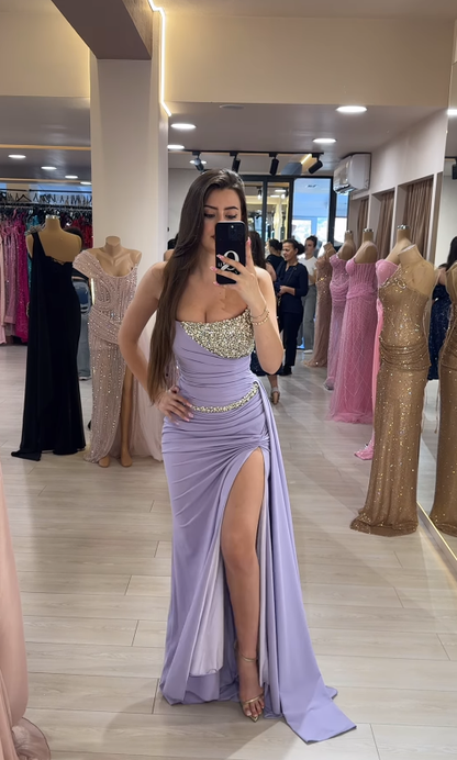 Gentle Purple Mermaid Strapless Rhinestone Satin Long Prom Dress Evening Dress DP4392