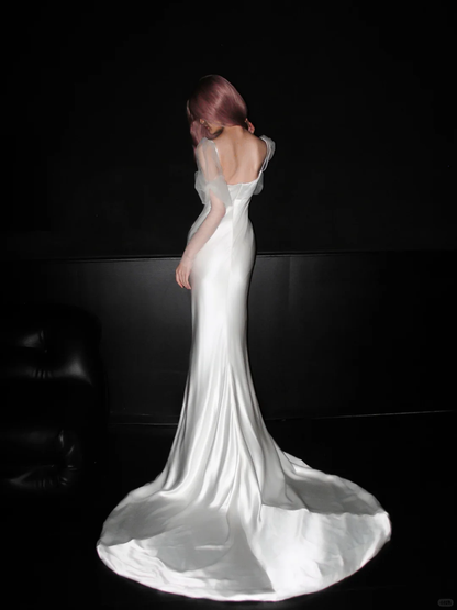 Classic Elegance Mermaid Puff White Satin Tulle Long Wedding Dress DP5200