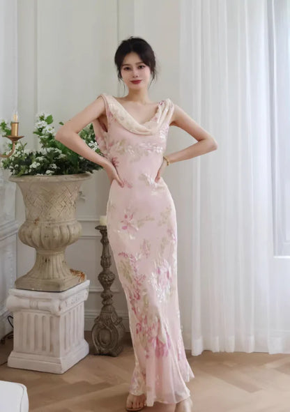 Gentle Retro Mermaid Straps Print Floral Purple Satin Prom Dress Formal Dress DP3511