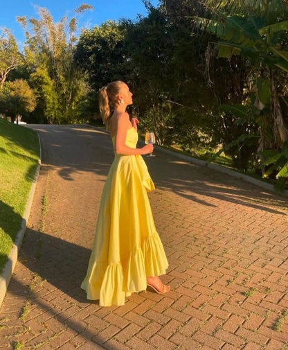 Cute A Line Strapless Yellow Satin Prom Dress Evening Dress with Bow DP1616