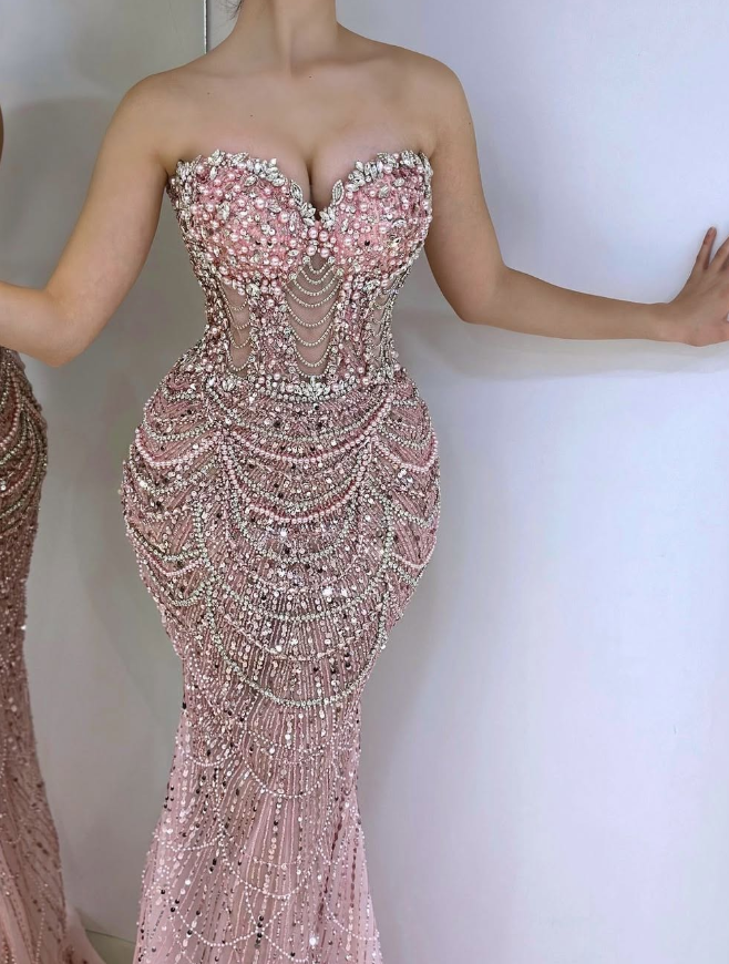 Luxurious Mermaid Sweetheart Neck Beaded Pearl Pink Tulle Prom Dress DP5731