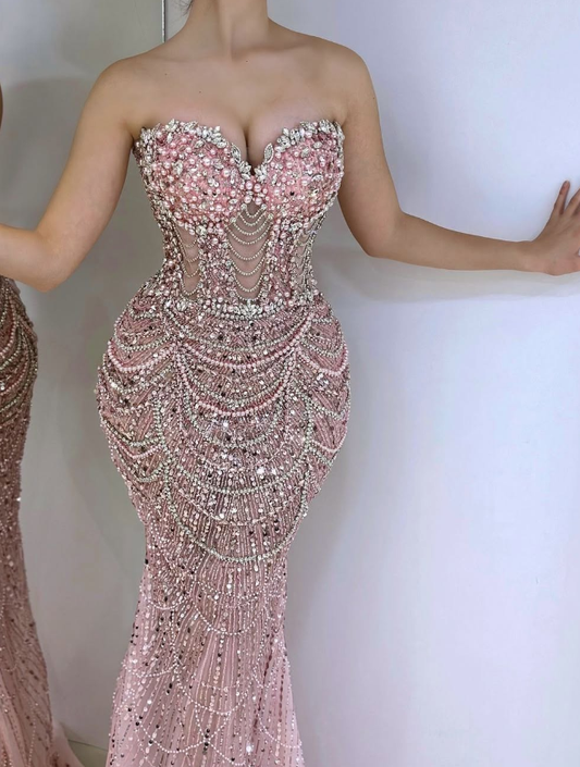 Luxurious Mermaid Sweetheart Neck Beaded Pearl Pink Tulle Prom Dress DP5731