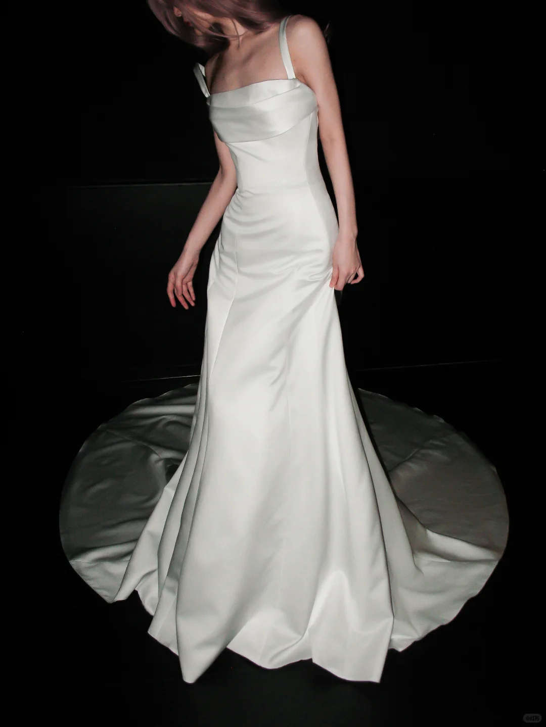 Glossy Mermaid Strap White Satin Long Sweep Wedding Dress DP5203