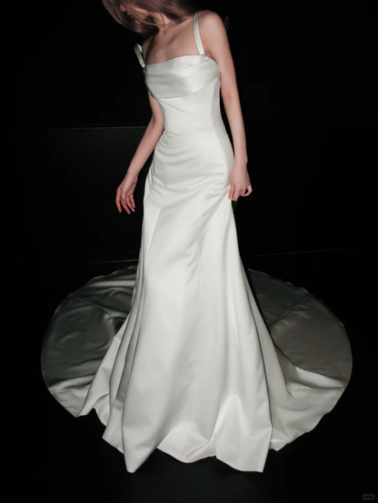 Glossy Mermaid Strap White Satin Long Sweep Wedding Dress DP5203