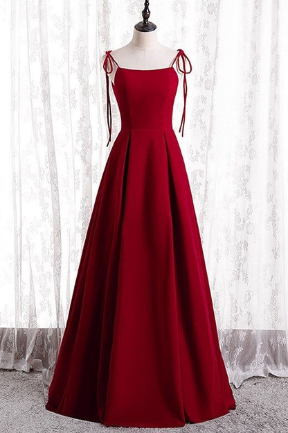 Spaghetti Straps A-Line Red Satin Simple Long Prom Dress Bridesmaid Dress DP406