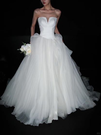 Cute White Ball Gown Sweetheart Neck Satin Tulle Long Train Wedding Dress DP8097