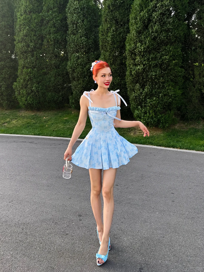Blue A Line Spaghetti Strap Print Floral Satin Party Dress Homecoming Dress DP3735