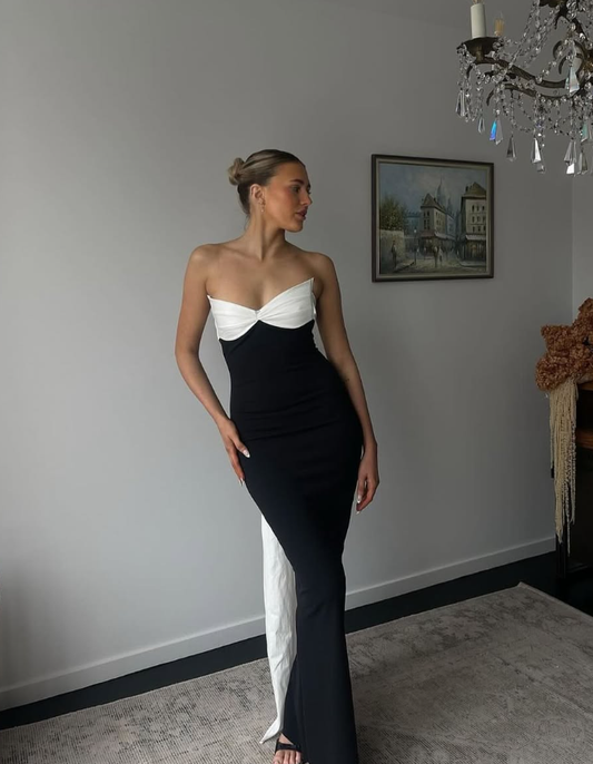 Sexy Sheath Strapless White Bow Black Satin Long Prom Dress Evening Dress DP1509
