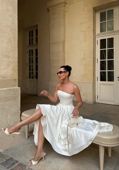 Simple White A Line Strapless Corset Satin Prom Dress Evening Dress DP6033