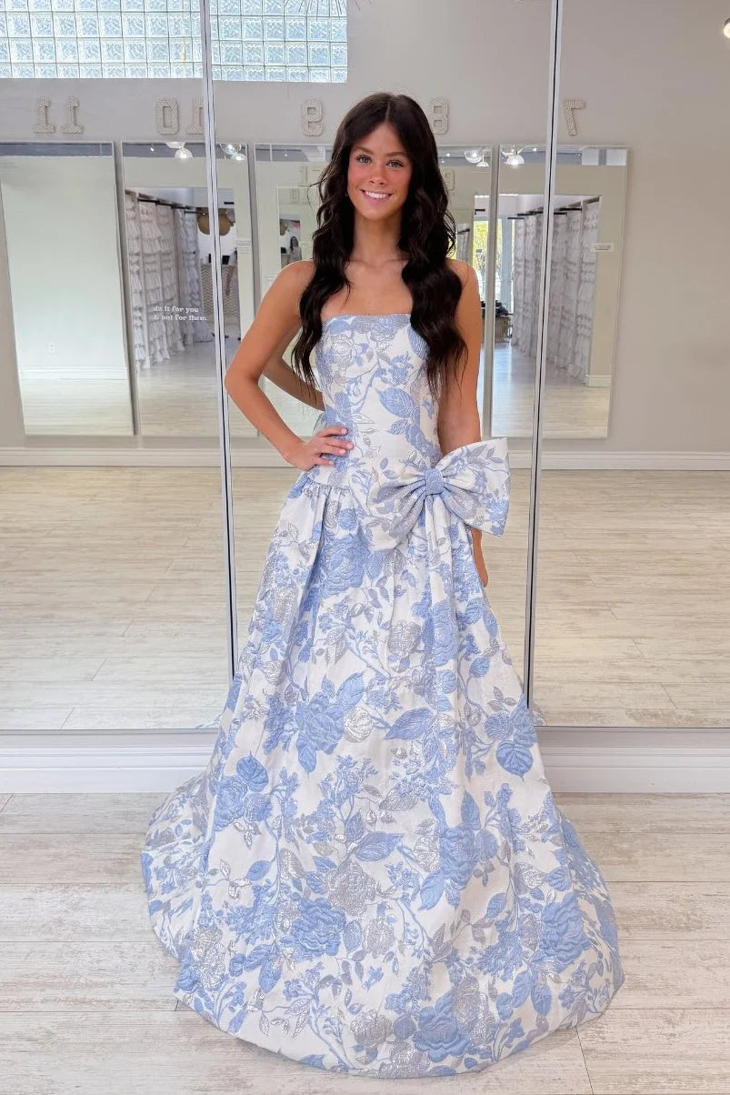 Elegant Blue Print A Line Strapless Bow Knot Satin Evening Dress Prom Dress DP7657