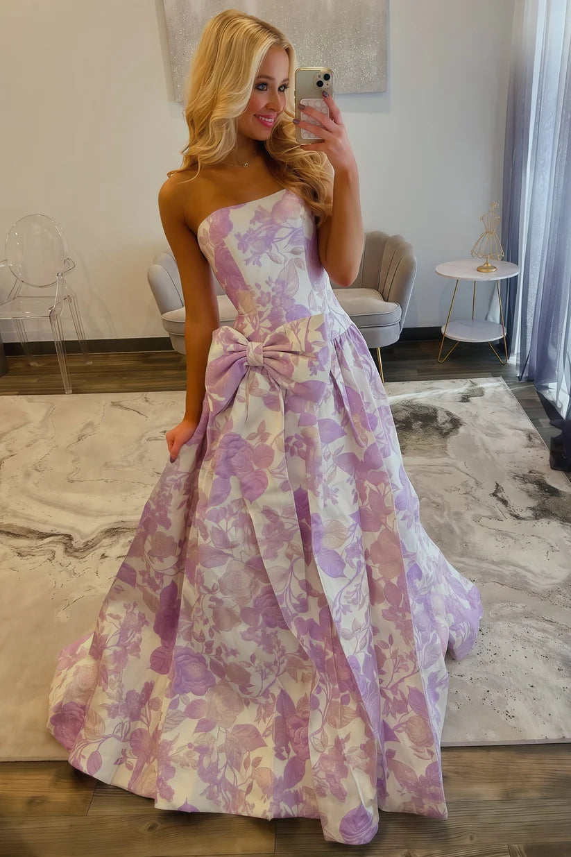 Sweety Lilac Print A Line Strapless Bow Knot Satin Evening Dress Prom Dress DP7655