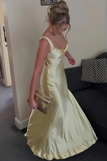 Simple Yellow A Line Strap Satin Long Evening Dress Prom Dress DP7686