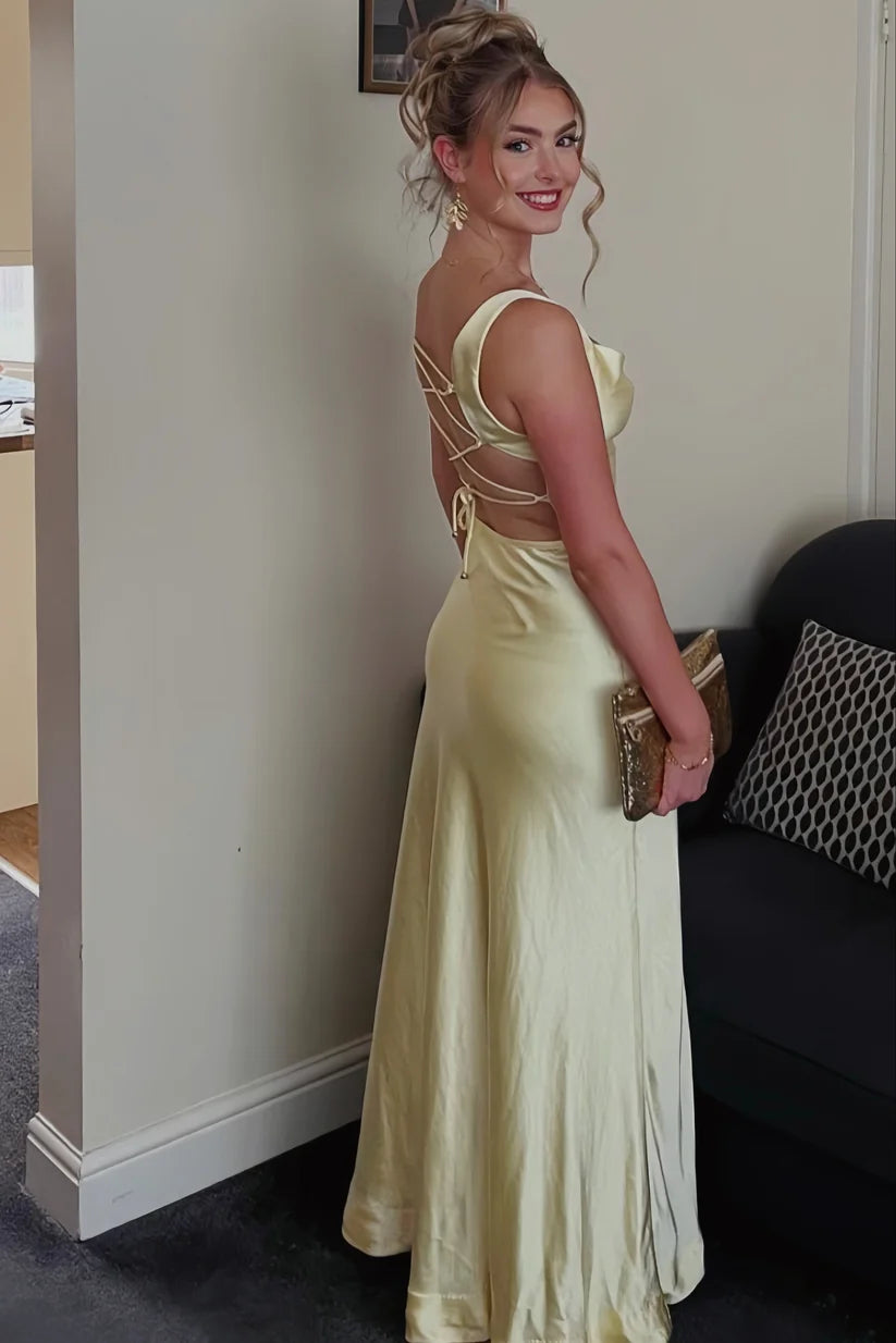Simple Yellow A Line Strap Satin Long Evening Dress Prom Dress DP7686