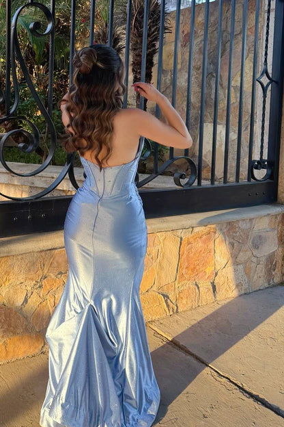 Pretty Blue Mermaid Strapless Beaded Corset Satin Evening Dress Prom Dress with Slit DP7669