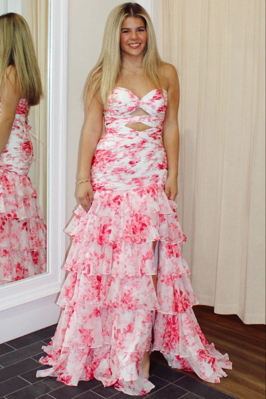Pink Print Mermaid Sweetheart Neck Layered Chiffon Evening Dress Prom Dress DP7649