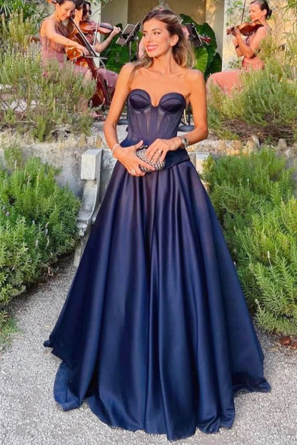 Elegant Navy Blue A Line Sweetheart Neck Satin Evening Dress Prom Dress DP7644