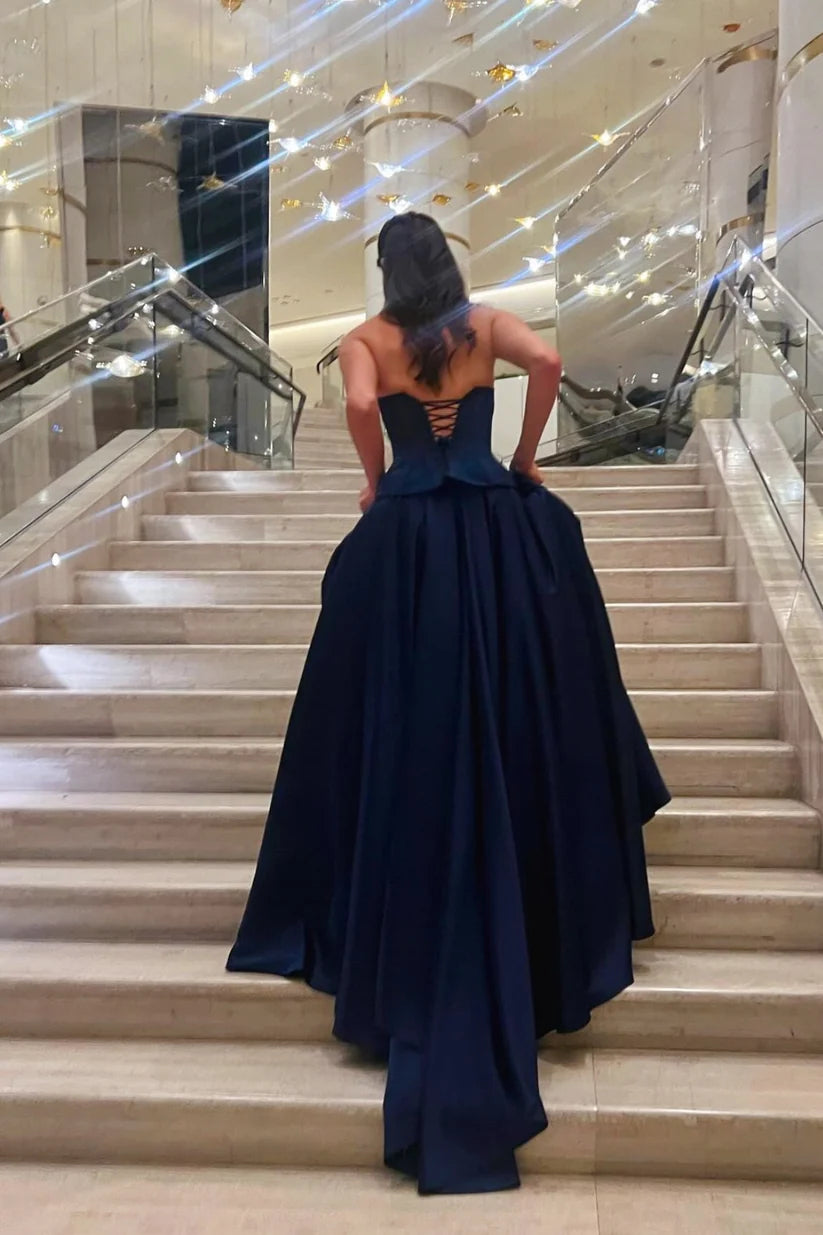 Elegant Navy Blue A Line Sweetheart Neck Satin Evening Dress Prom Dress DP7644