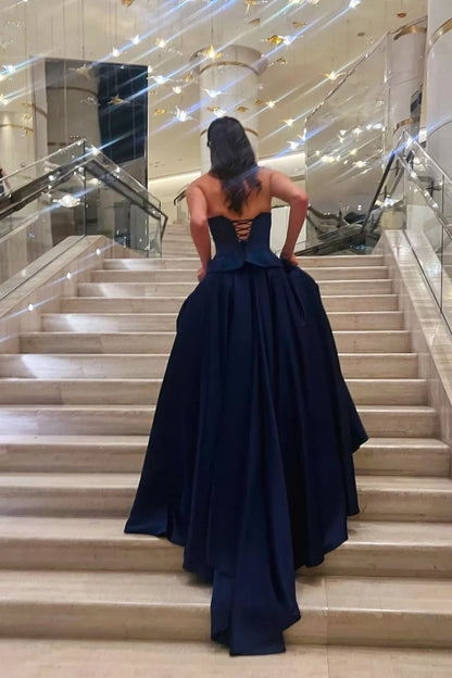 Elegant Navy Blue A Line Sweetheart Neck Satin Evening Dress Prom Dress DP7644