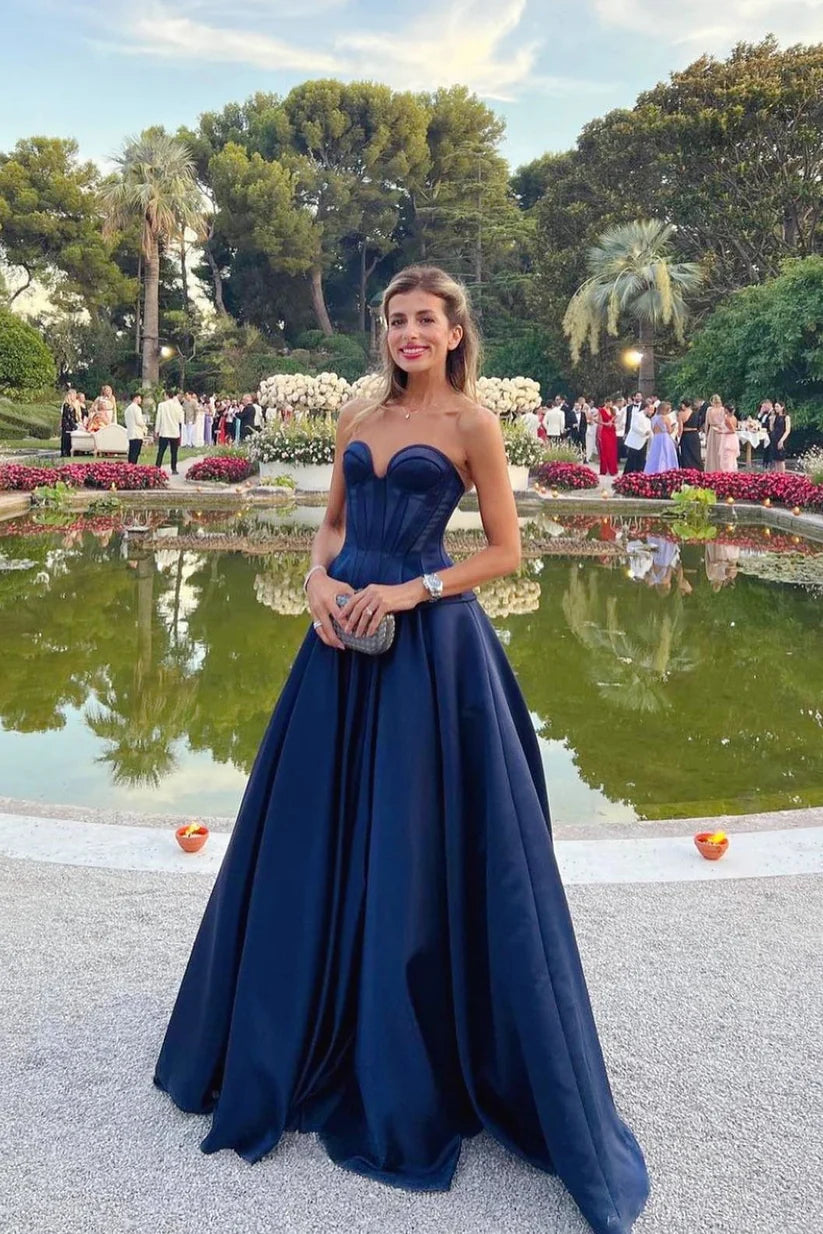 Elegant Navy Blue A Line Sweetheart Neck Satin Evening Dress Prom Dress DP7644