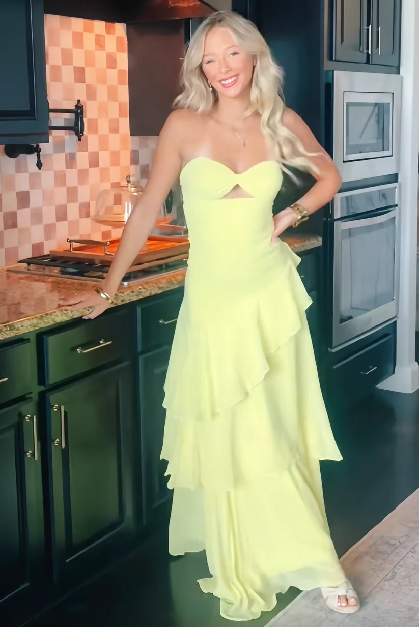 Yellow Simple A Line Sweetheart Neck Layered Chiffon Prom Dress DP7635
