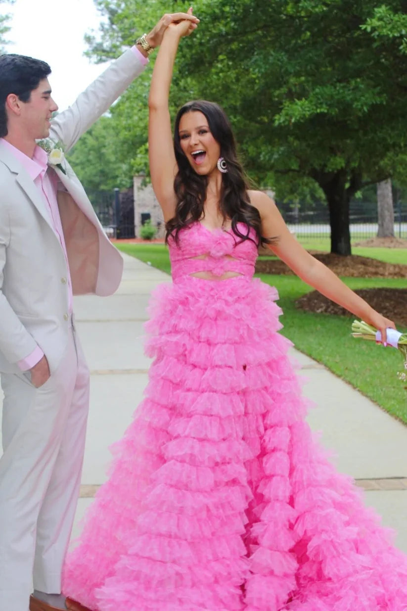 Sweety Pink Ball Gown Strapless Layered Tulle Evening Dress Prom Dress DP7643