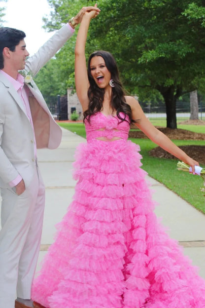 Sweety Pink Ball Gown Strapless Layered Tulle Evening Dress Prom Dress DP7643