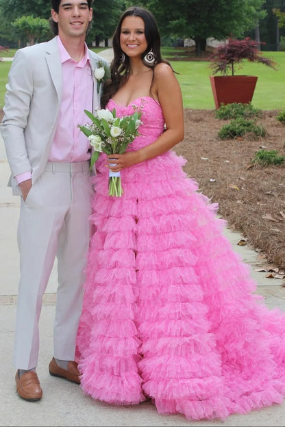 Sweety Pink Ball Gown Strapless Layered Tulle Evening Dress Prom Dress DP7643