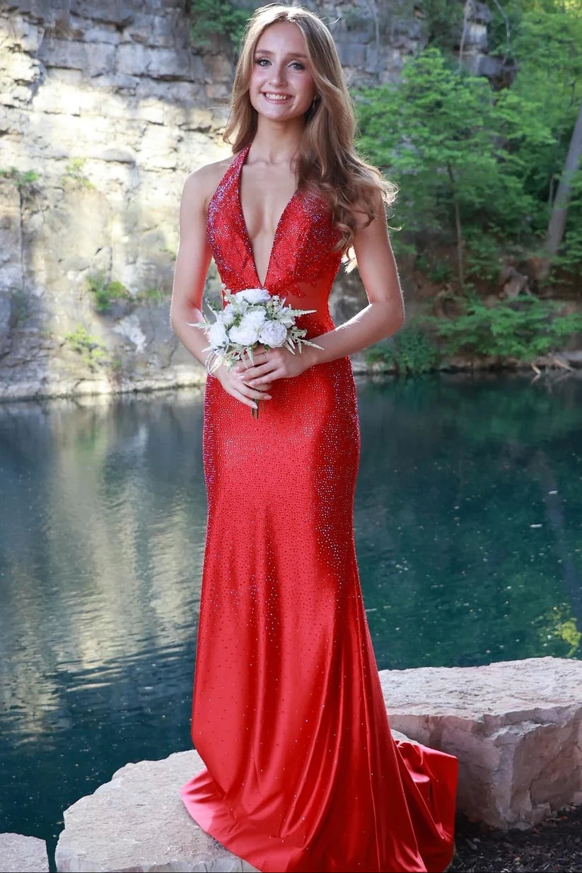 Sexy Red Mermaid Halter Shiny Beaded Satin Prom Dress Evening Dress DP7626
