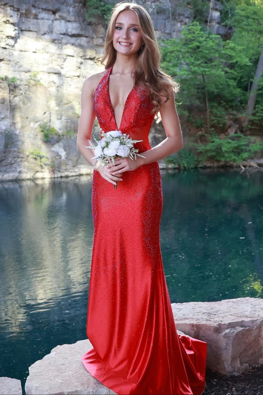 Sexy Red Mermaid Halter Shiny Beaded Satin Prom Dress Evening Dress DP7626