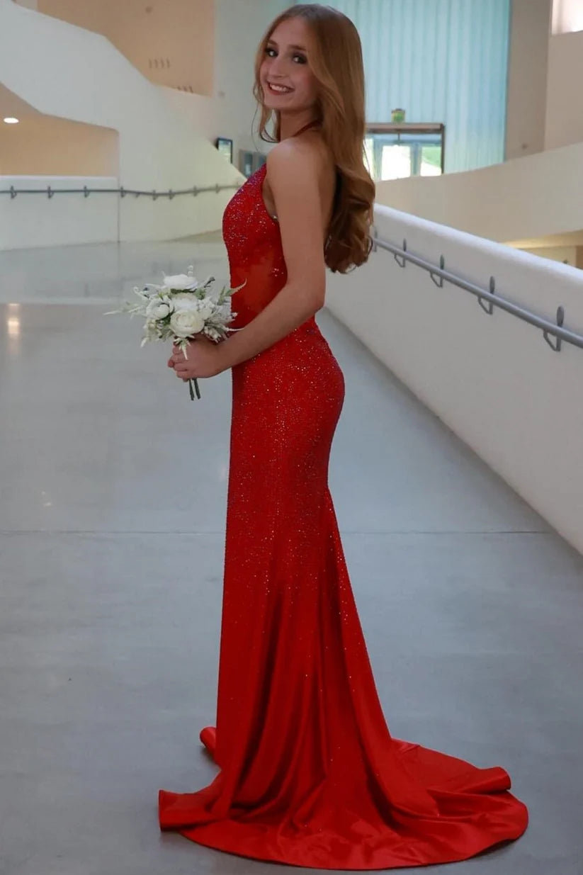 Sexy Red Mermaid Halter Shiny Beaded Satin Prom Dress Evening Dress DP7626