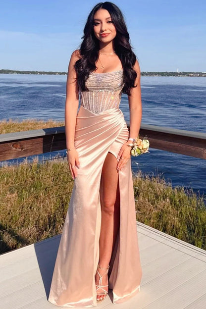 Scoop-Neck Sleeveless Rhinestone Satin Pleated Mermaid Prom Dress with High Slits DP7630