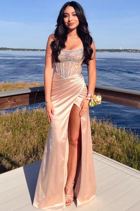 Scoop-Neck Sleeveless Rhinestone Satin Pleated Mermaid Prom Dress with High Slits DP7630