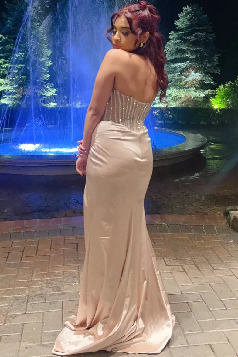 Scoop-Neck Sleeveless Rhinestone Satin Pleated Mermaid Prom Dress with High Slits DP7630